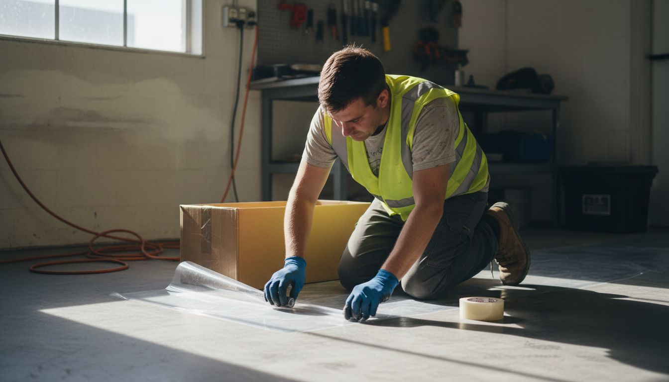 Technician installing protective floor film in workshop