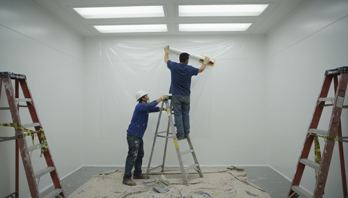Workers installing protective film on booth wall