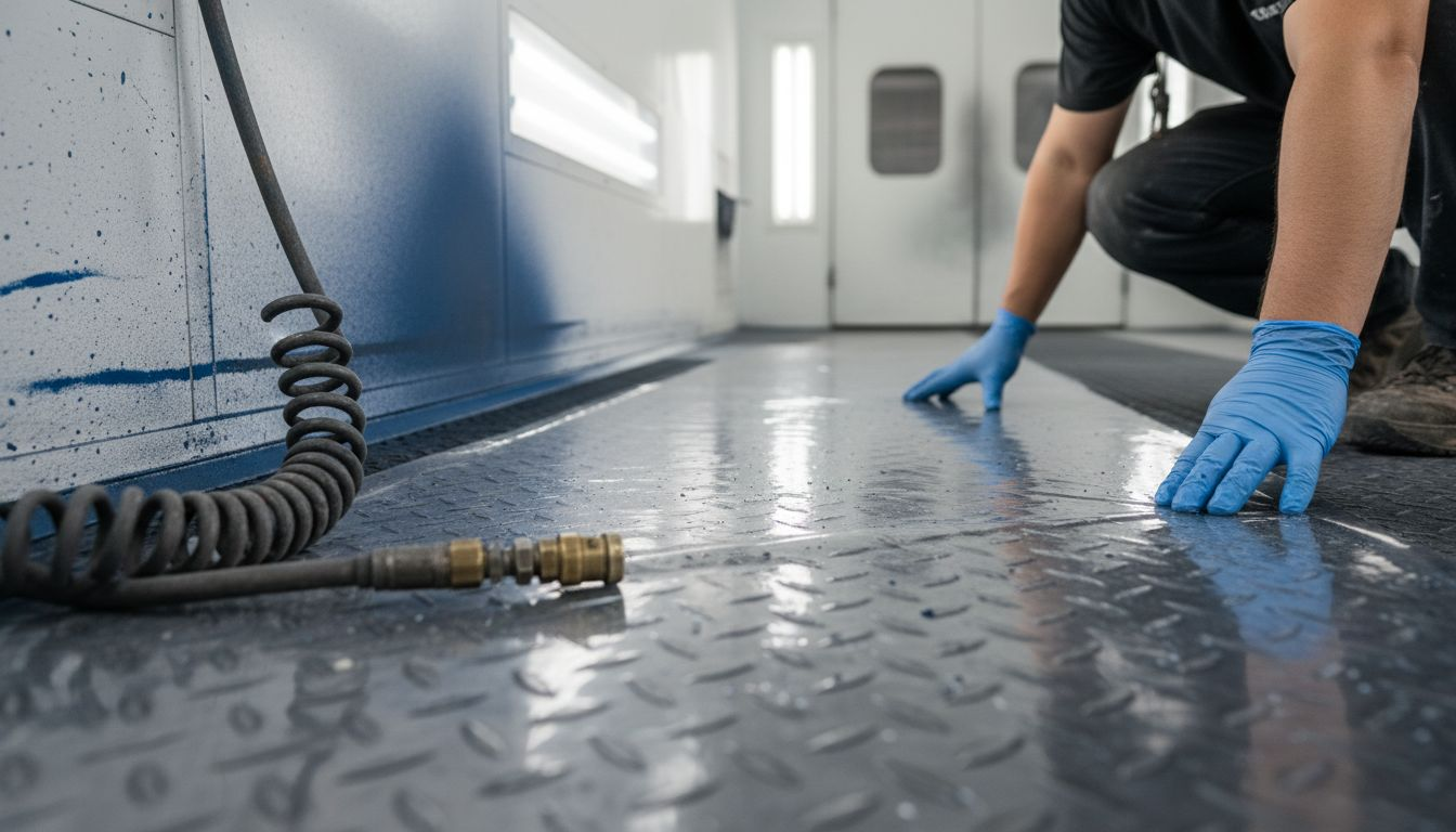 Hands applying protective film on spray booth floor