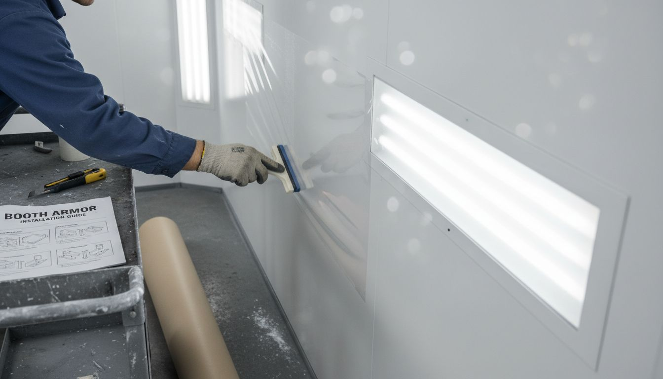 Worker installing dust protection film on wall