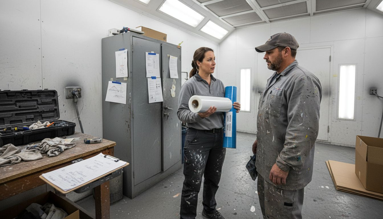 Supervisor comparing two spray booth film types