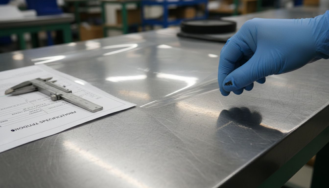 Gloved hand peeling multi-layer protective film