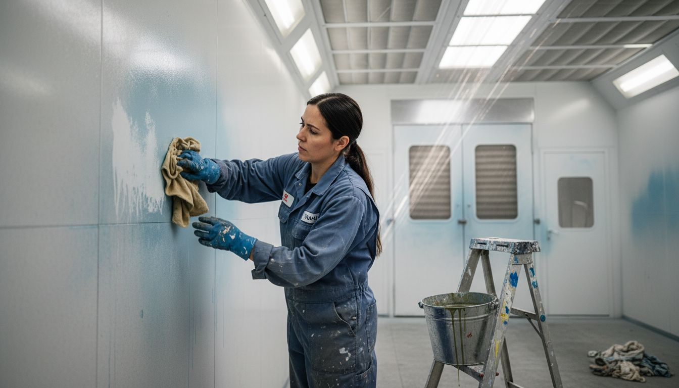 Worker wiping down spray booth interior surface