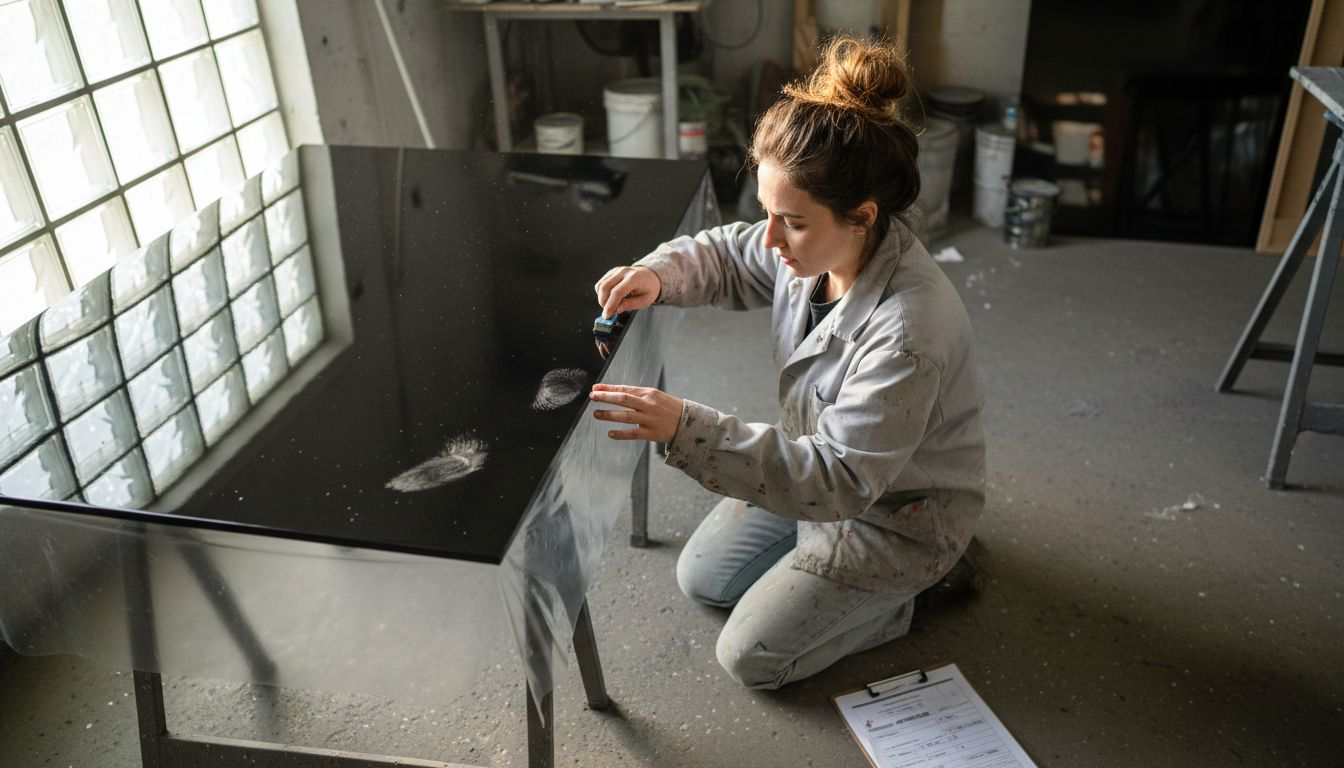 Worker inspecting protective film for imperfections