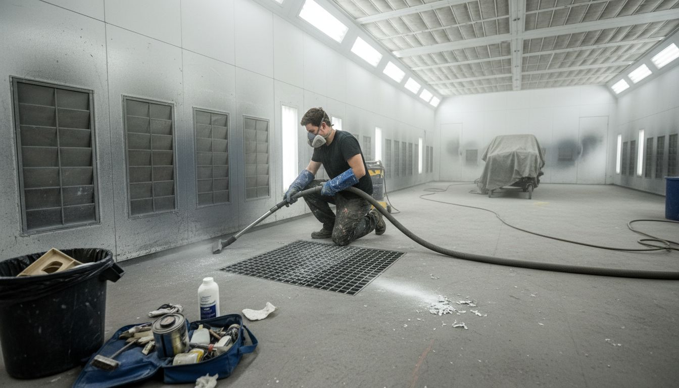 Technician using HEPA vacuum in spray booth