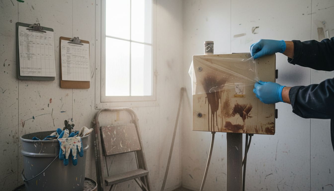 Worker removing protective film from control panel