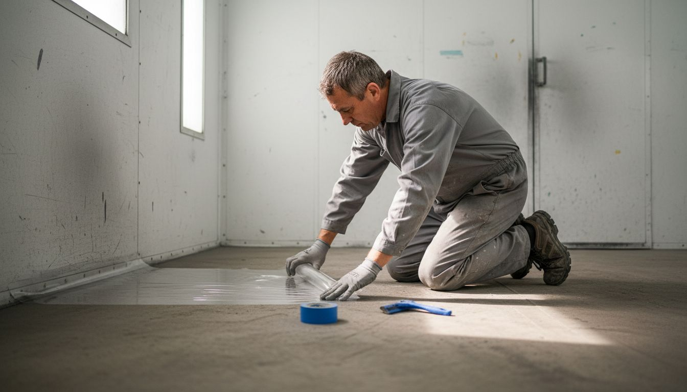 Technician installing protection film on floor