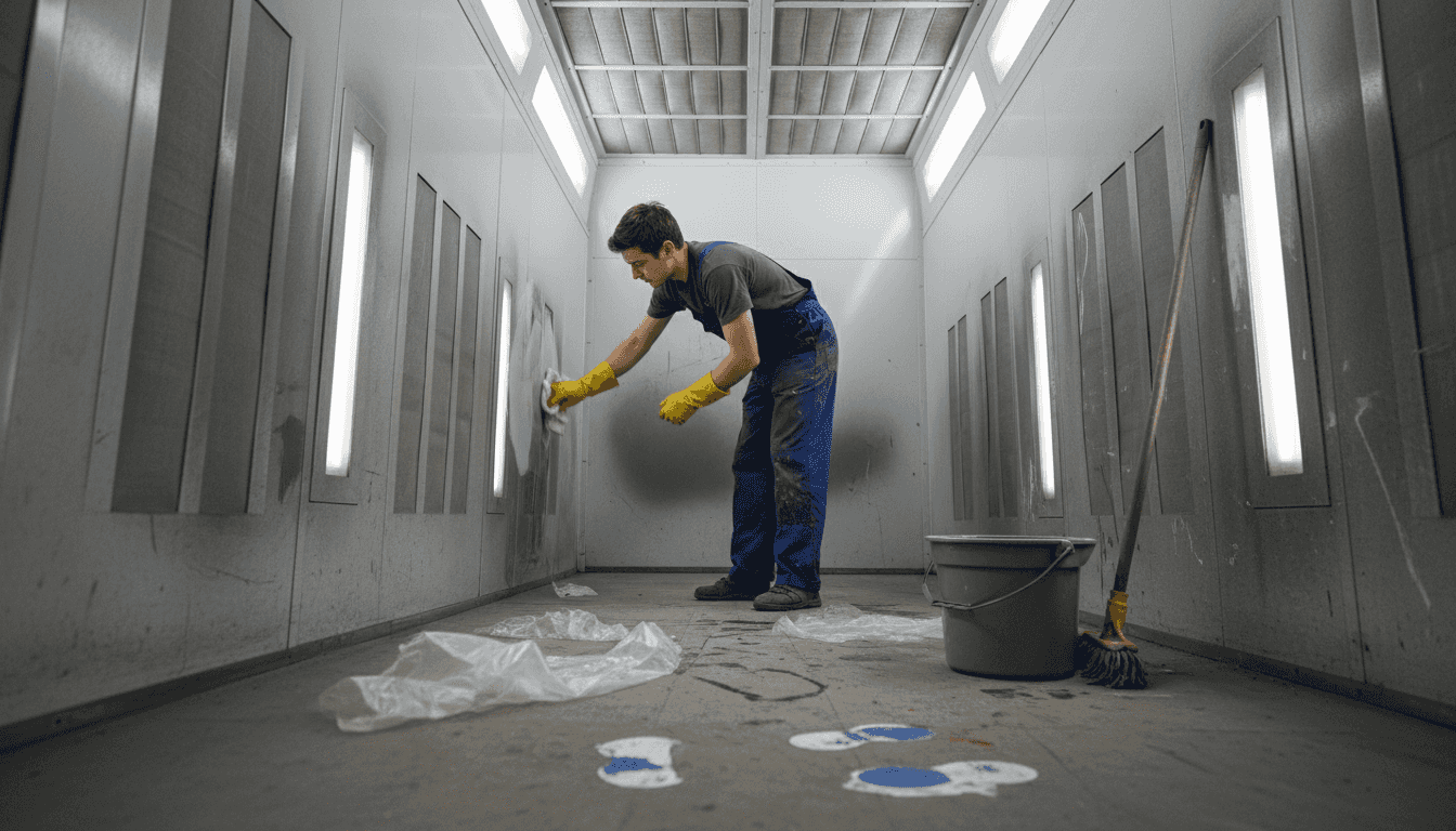 Worker wiping spray booth surfaces