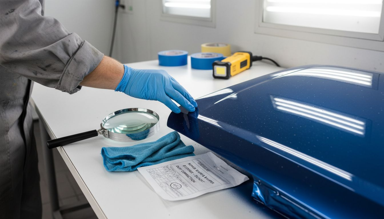 Technician inspecting painted panel for dust