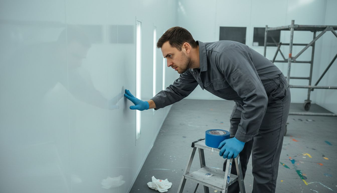 Worker inspecting spray booth wall for dust