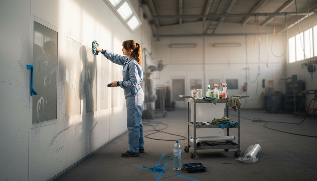 Worker cleaning spray booth wall surfaces