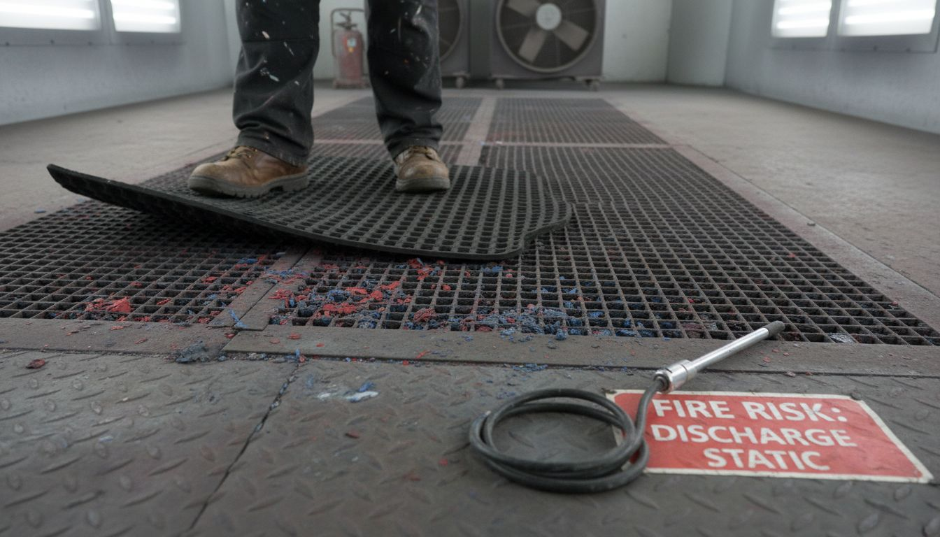 Worker addressing static fire risk in booth