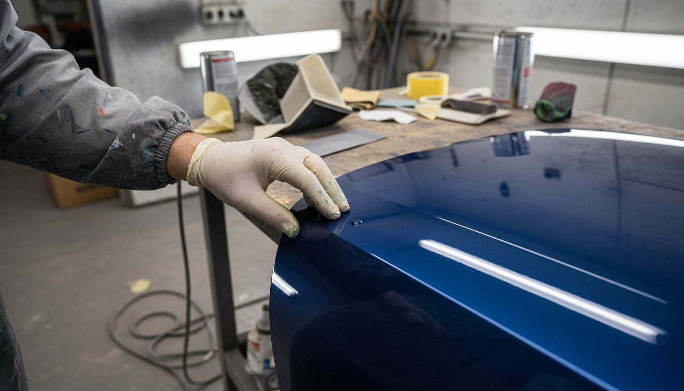 Worker checks paint panel for dust defects