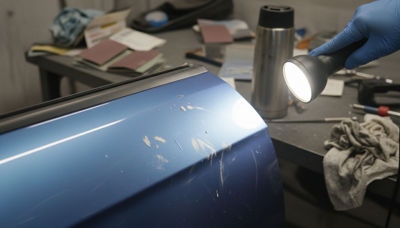 Close-up of dust defects on painted car door