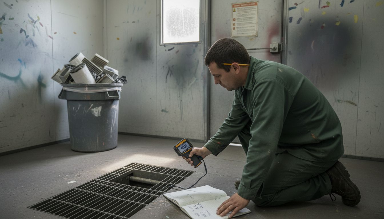 Worker measuring spray booth airflow