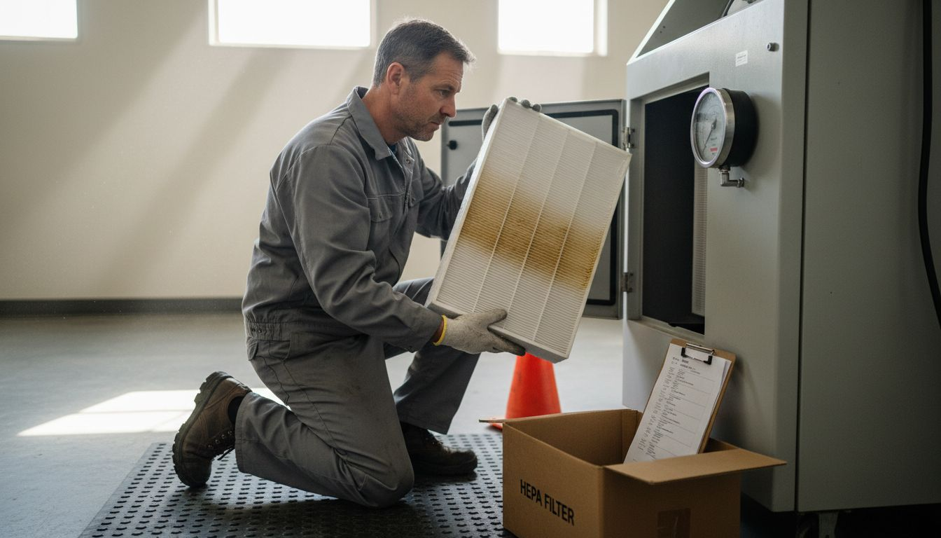 Worker inspecting HEPA filter in paint booth