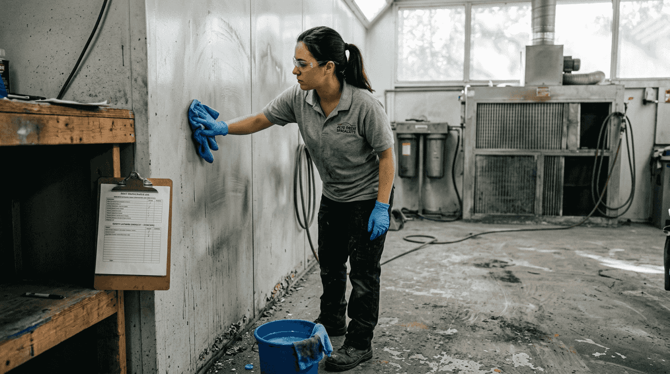 Worker cleaning spray booth interior wall