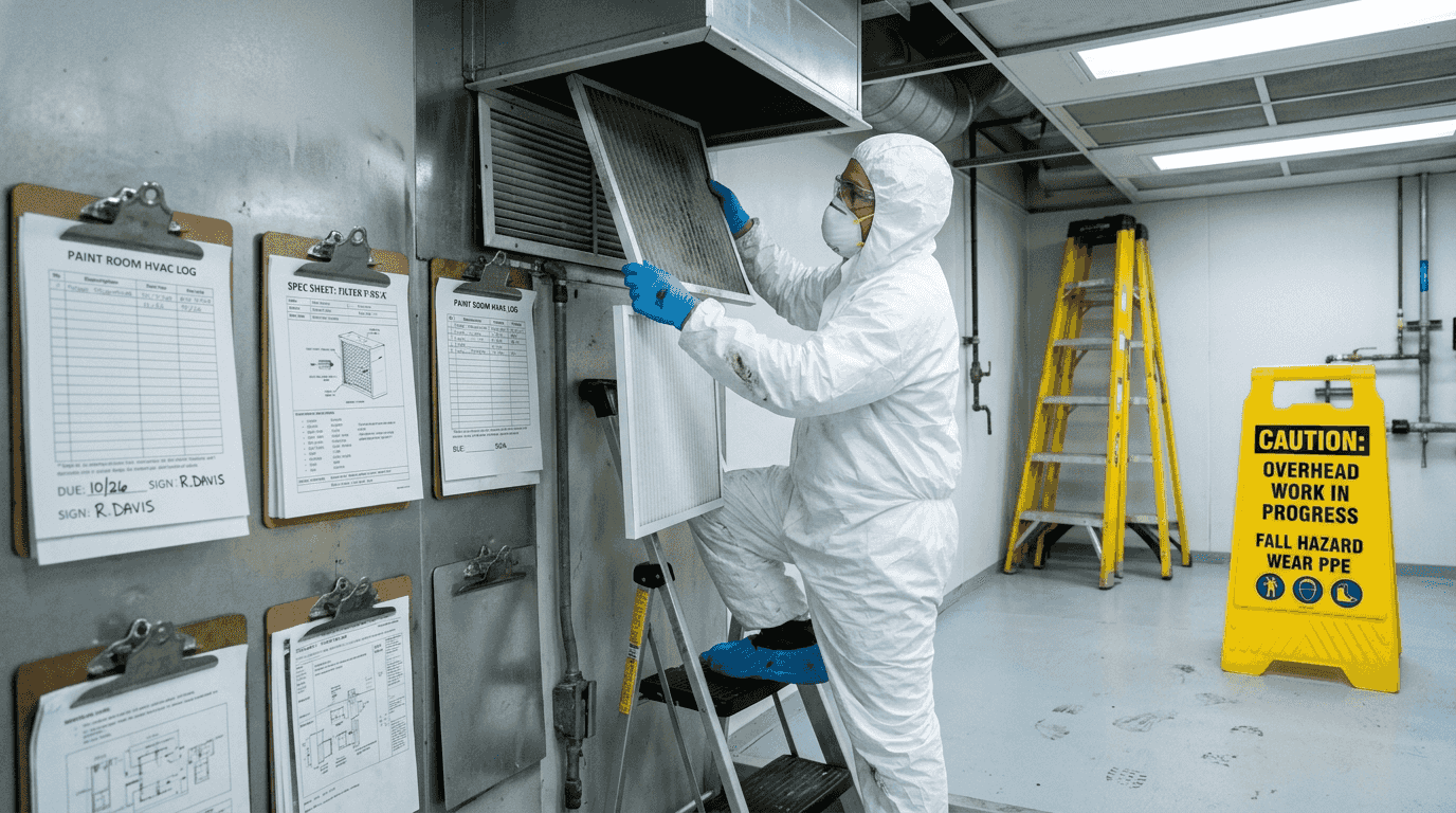 Worker changing cleanroom filter in paint shop