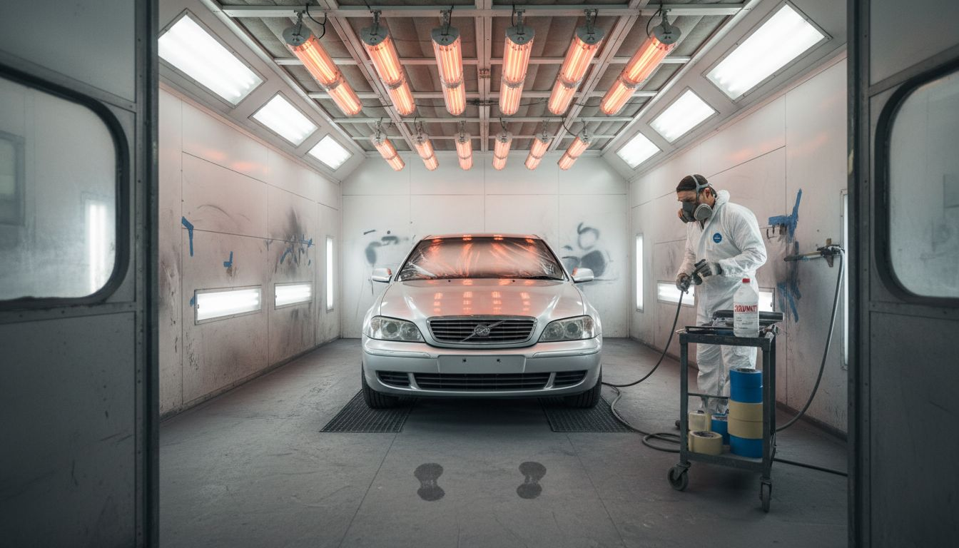 Spray booth with heat-resistant film and painter