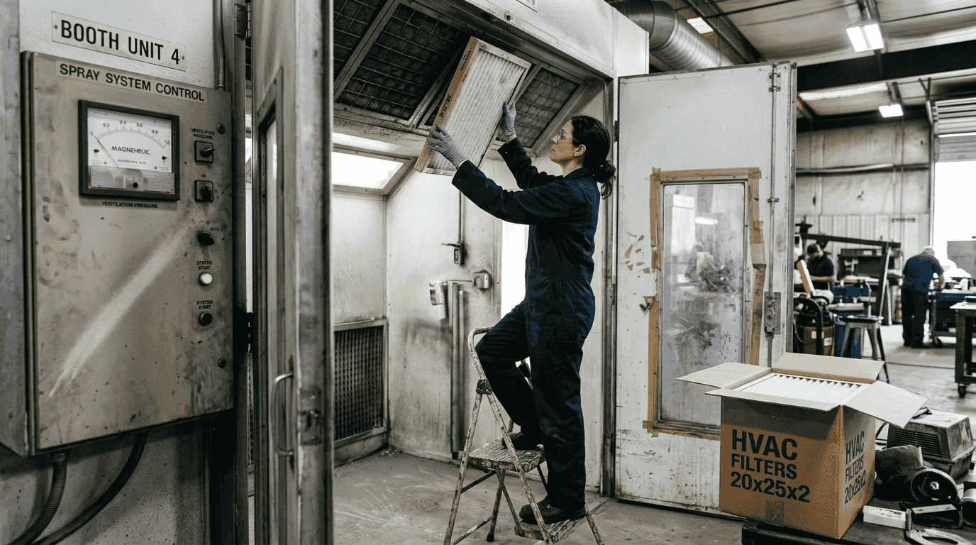Technician replacing spray booth filter