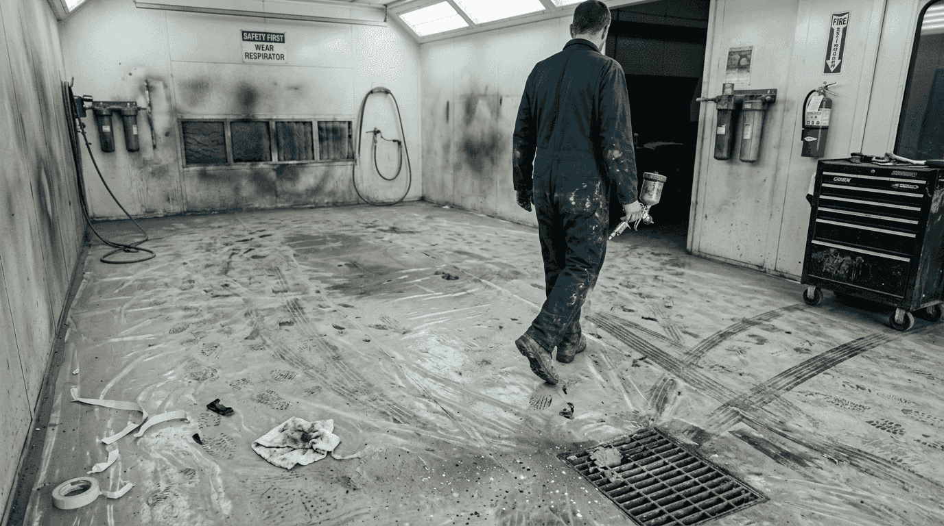 Spray booth floor protector under heavy use