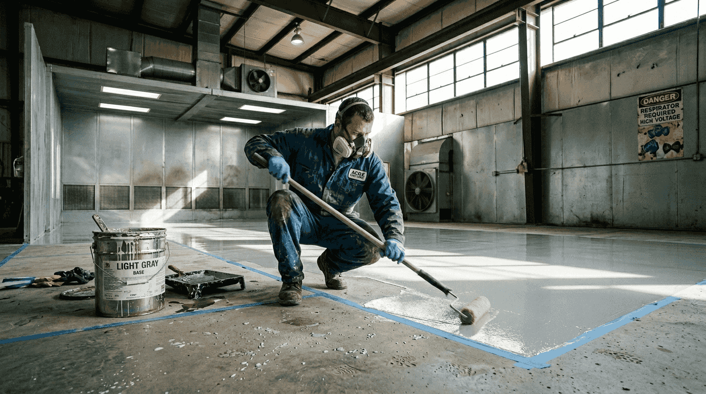 Worker applies epoxy coating to spray booth floor