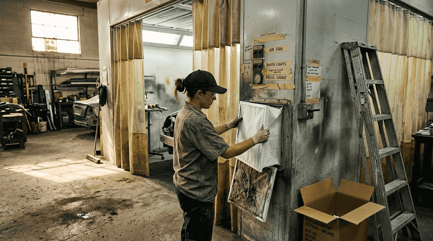 Worker replacing spray booth filter with tools nearby