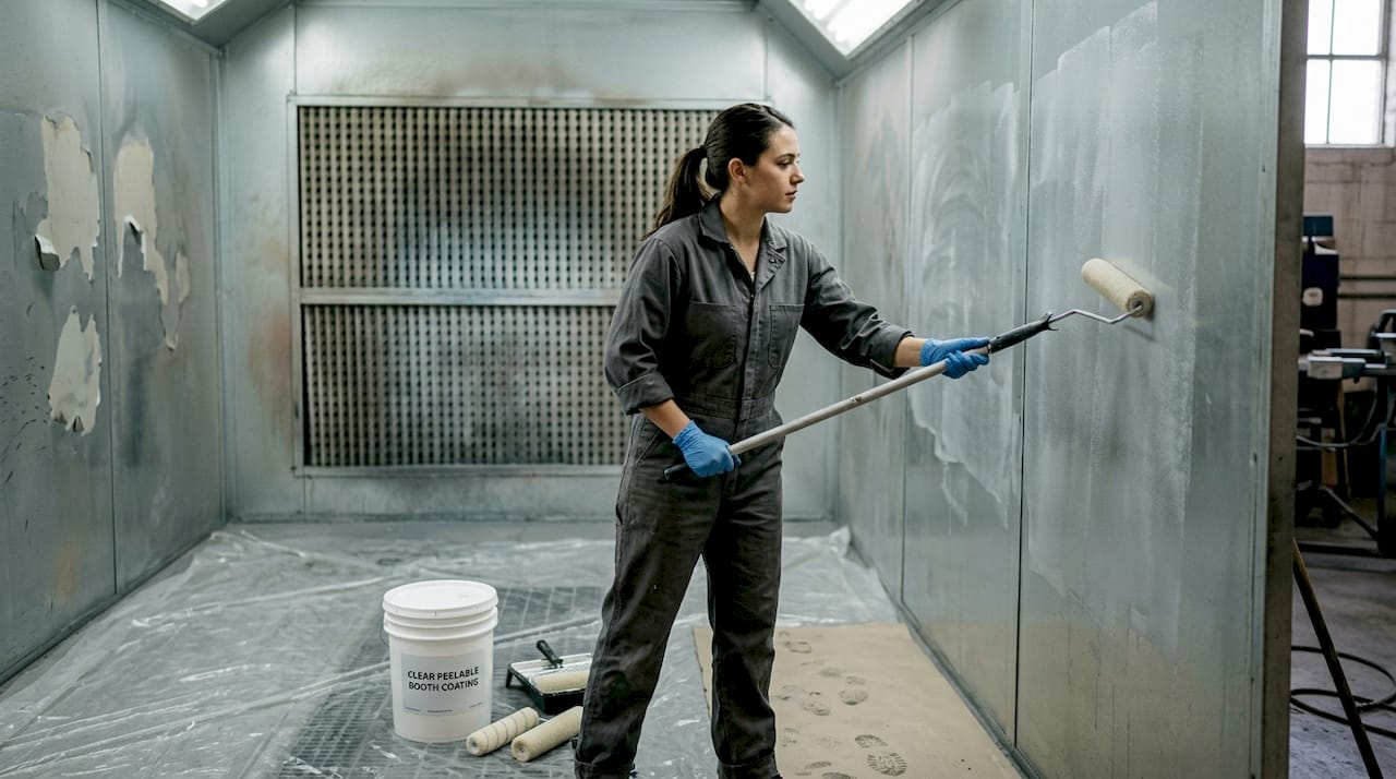 Worker applying peelable coating to booth wall