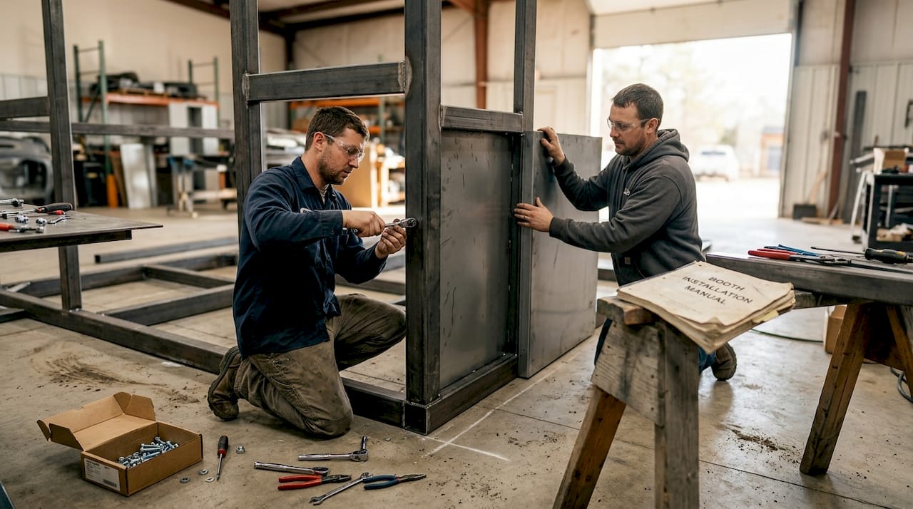 Technicians assembling steel paint booth frame