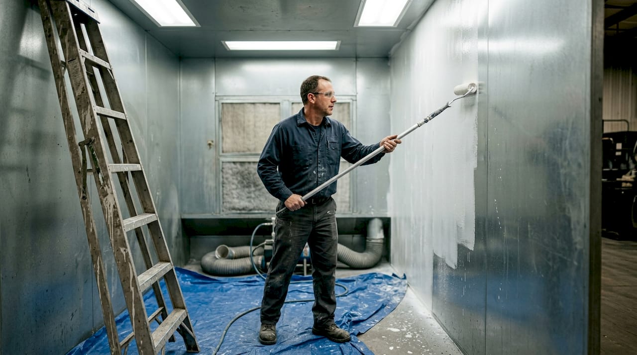 Worker applying peelable coating on spray booth wall
