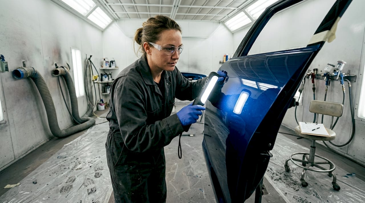 Inspector checking paint quality with protective films