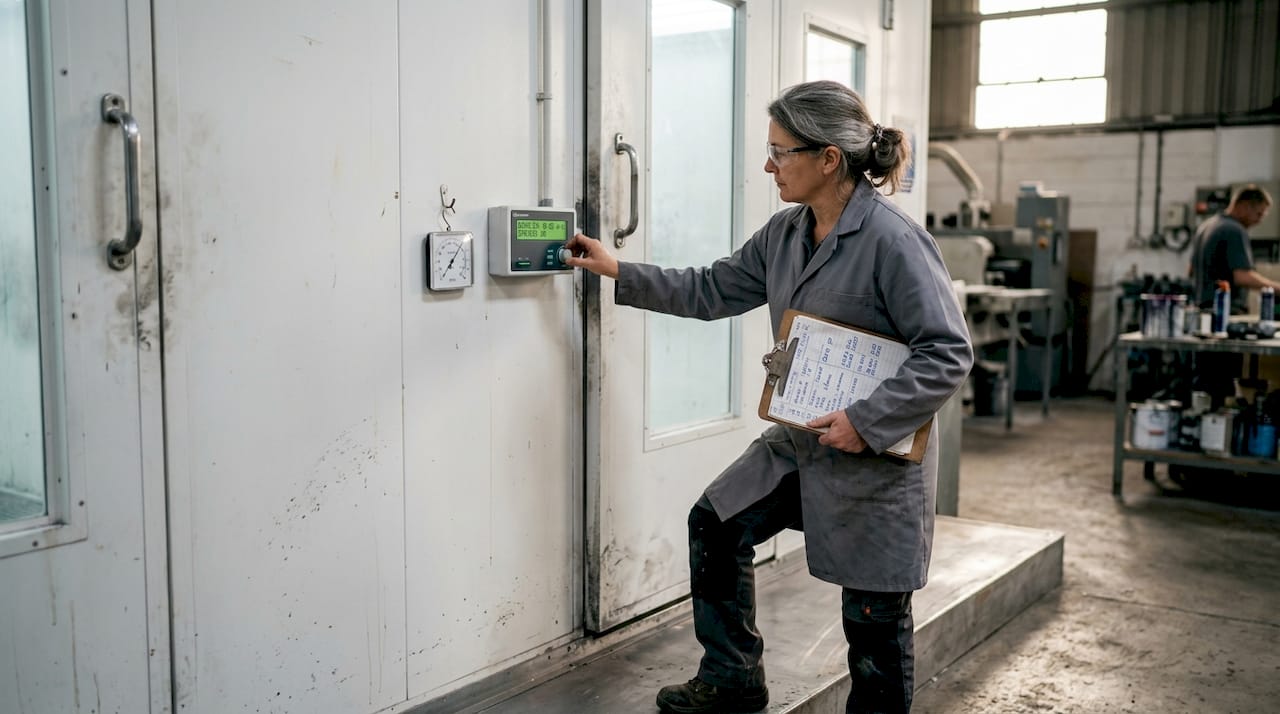 Technician checking paint booth airflow monitor