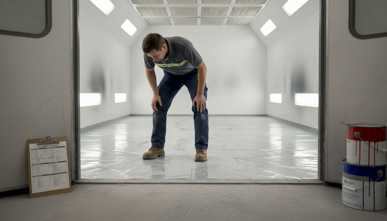 Manager checks floor protected by booth film