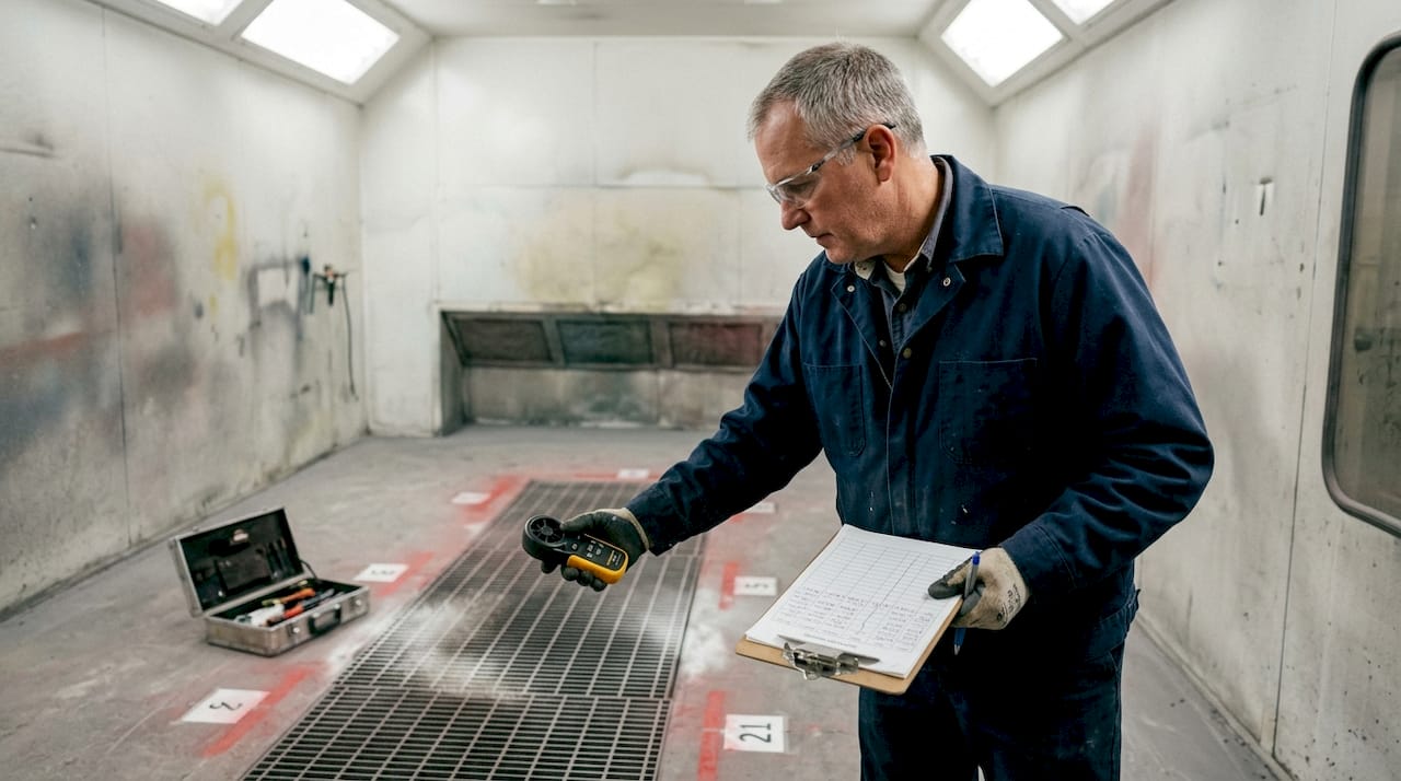 Manager testing airflow in paint booth