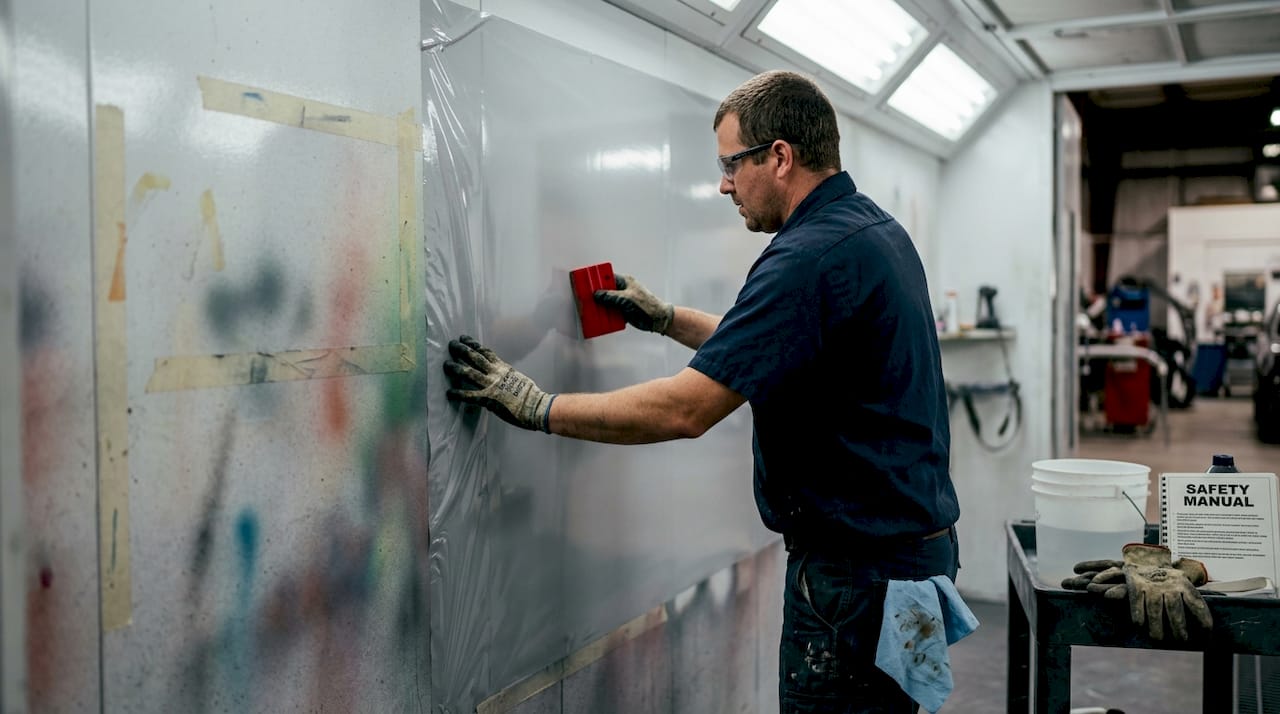 Worker applying heat resistant booth film