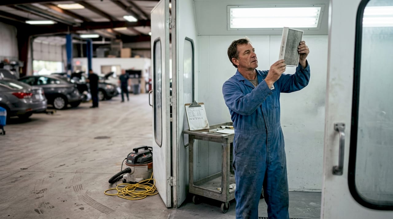 Worker inspecting paint booth filter for dust