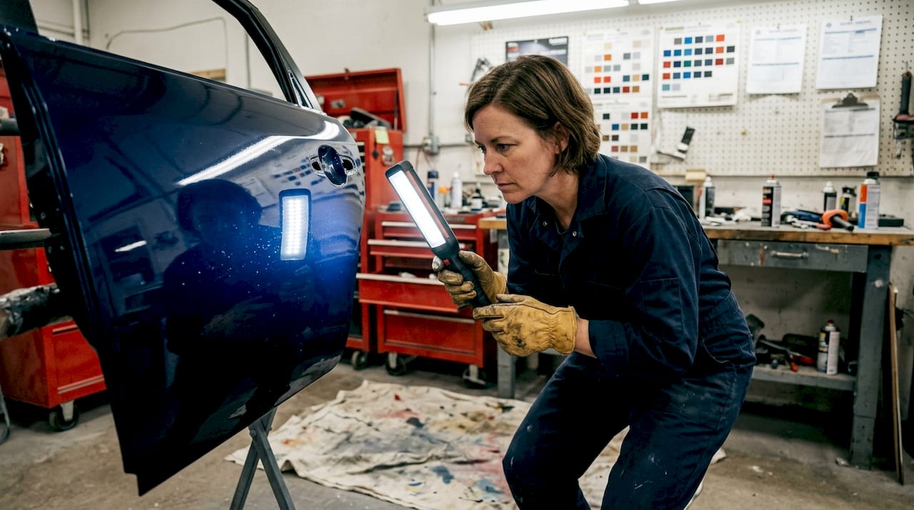 Inspector checking for dust flaws on paint panel