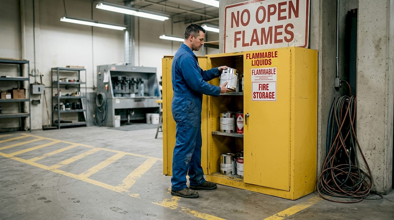 Worker stores paint in flammable cabinet safely