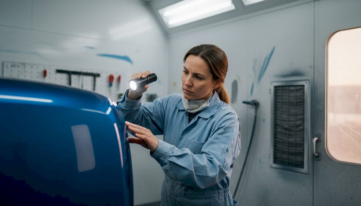 Worker inspects painted panel for dust