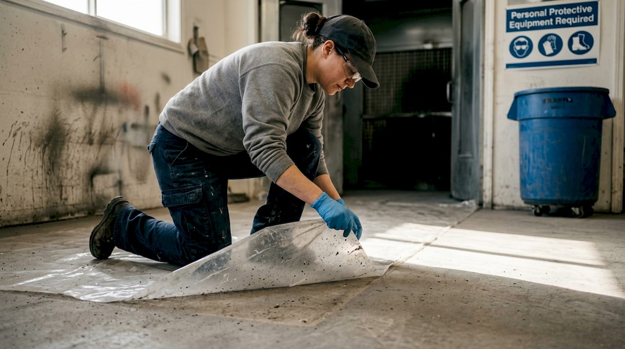 Worker peeling protective film in paint booth