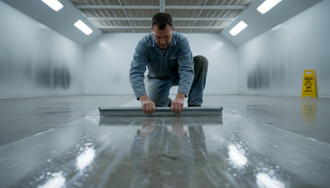 Worker applying peelable floor protection film