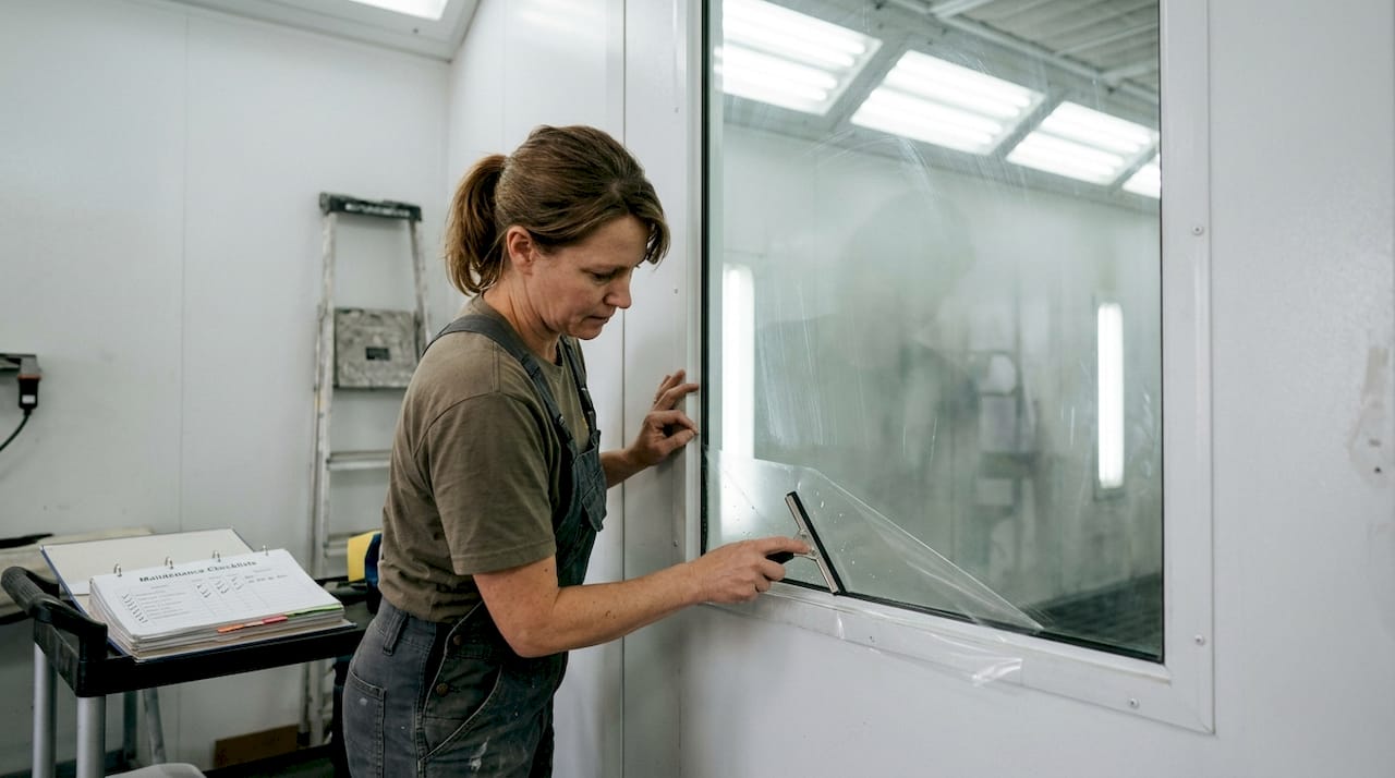 Worker installing film on spray booth window