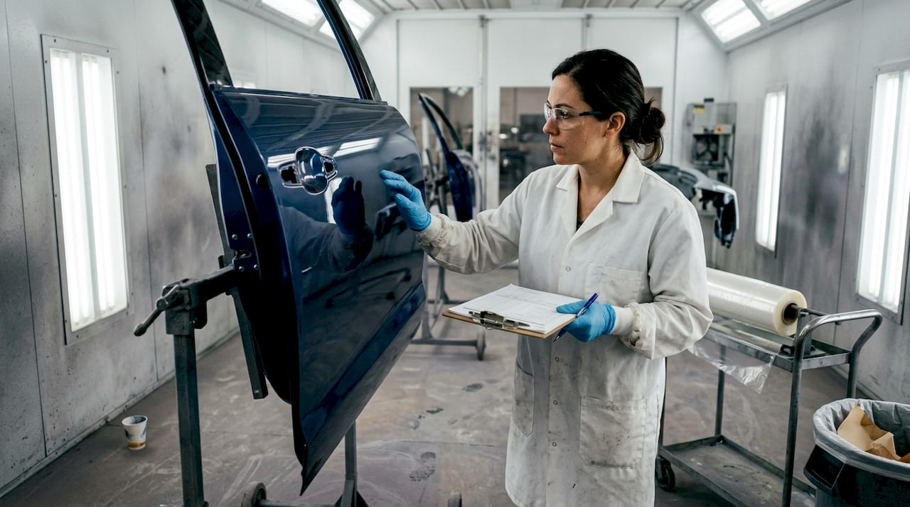 Inspector checking dust-free painted panel
