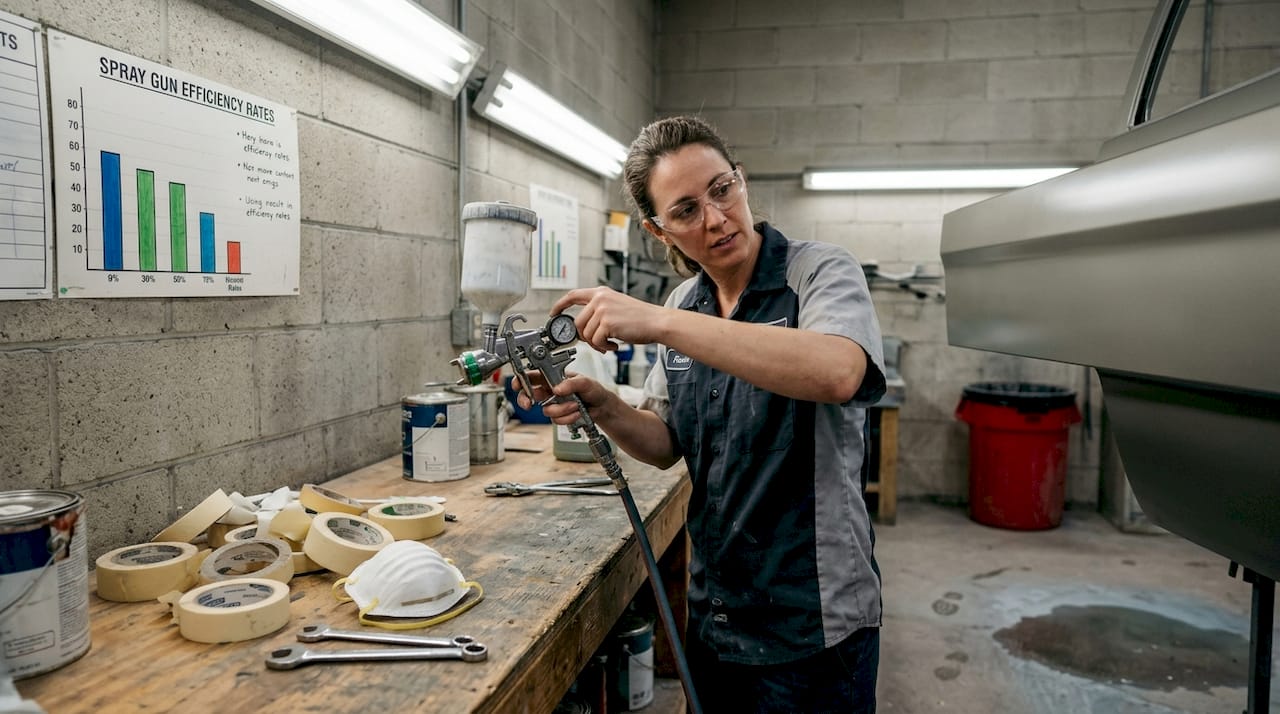 Technician adjusts HVLP spray gun in workshop
