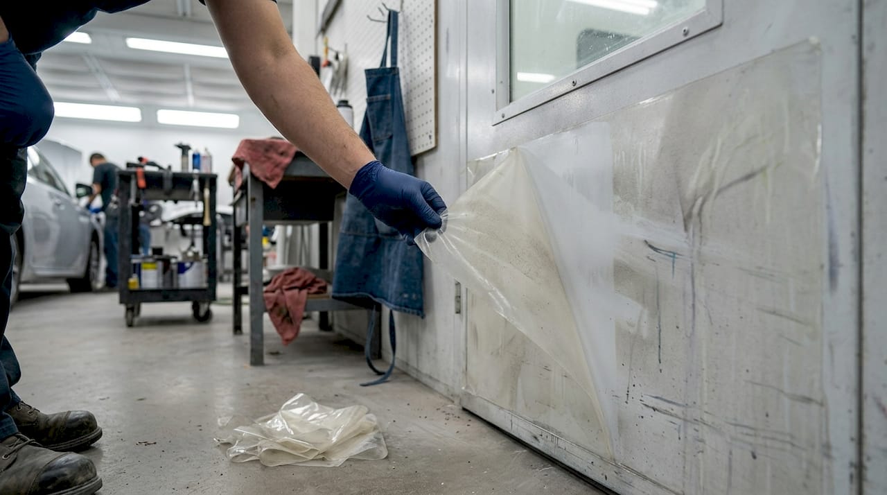 Hand peels dusty film from wall
