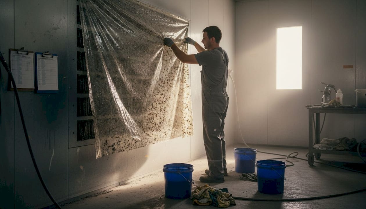 Worker removes layer from multi-layer wall film