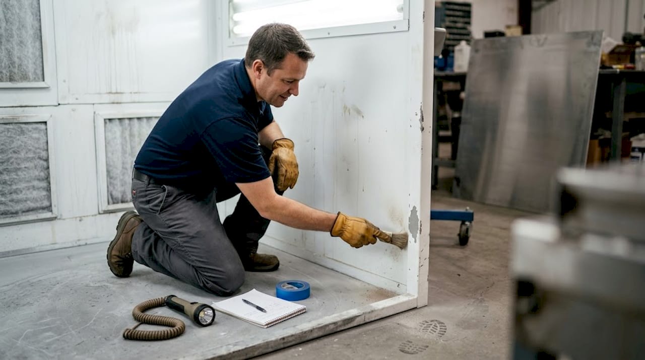 Manager inspecting spray booth for surface issues