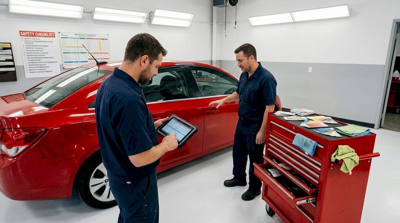 Technicians discuss flawless paint finish in shop