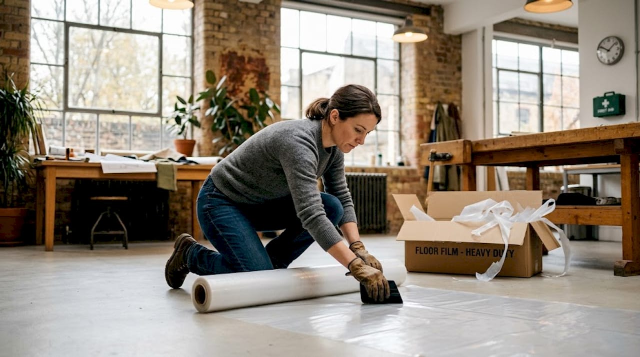 Worker unrolling spray booth protective film