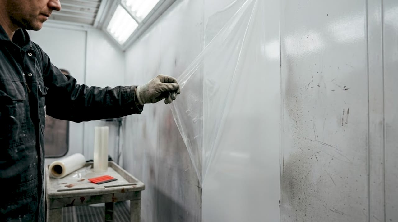 Hand peeling film from spray booth wall